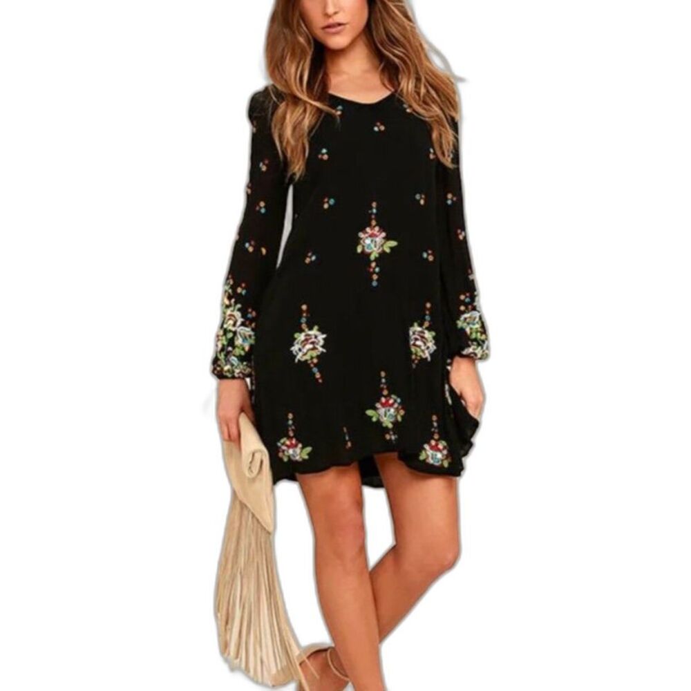 Free People Women's Black Floral Embroidery Sequin LS Swing Mini Dress Size XS
